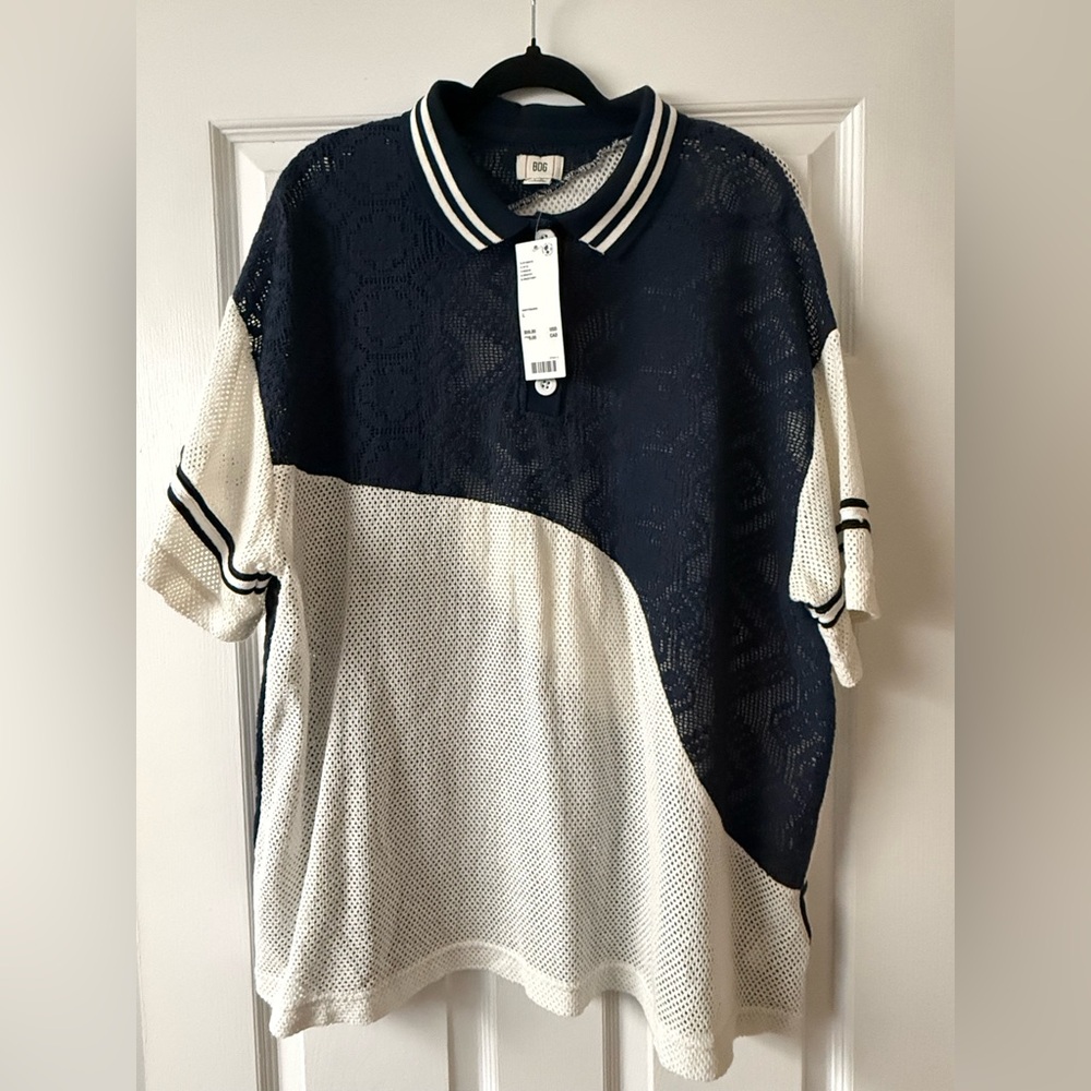 BDG Navy and Cream Mesh Polo Shirt